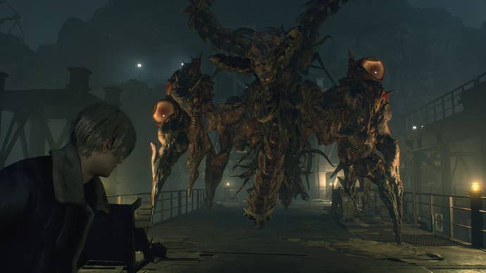 Leon faces a mutated Saddler in Resident Evil 4 Remake