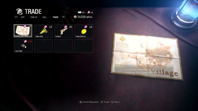 Resident Evil 4 remake review - the gem trading screen showing items you can buy