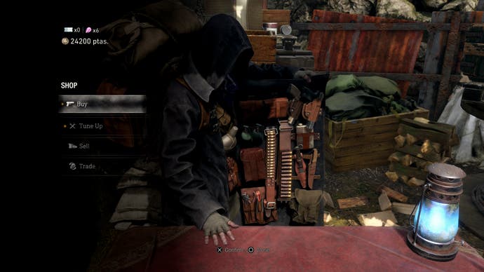 Resident Evil 4 remake review - the Merchant screen, with Merchant behind a table