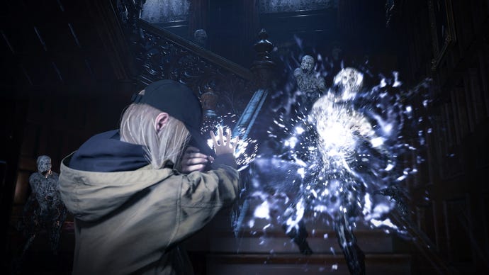 A blonde haired girl blasts some zombies with white light on a dark staircase in Resident Evil Village's Shadows Of Rose DLC