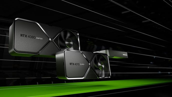 Promotional renders of the Nvidia GeForce RTX 4070 Super, RTX 4070 Ti Super, and RTX 4080 Super.