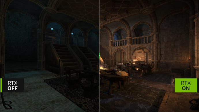 O imagine de comparație care arată Morrowind lângă modul său RTX Remix