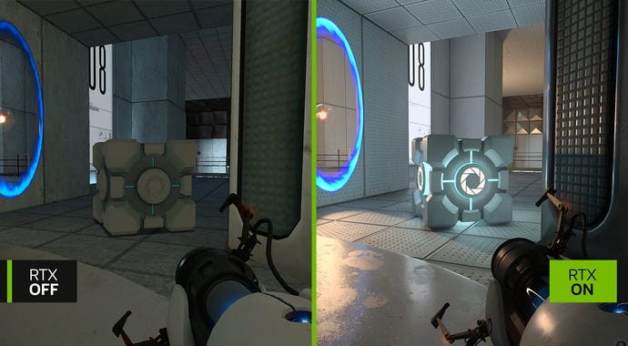 Una imagen de comparación del portal original al lado del portal con RTX, realizada en RTX Remix