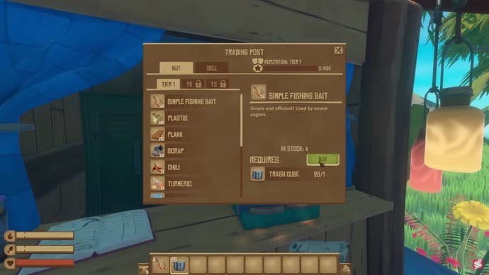 The Raft Trading Post is shown, and a player is currently trading Trash Cubes for Simple Fishing Bait in Tier 1 of the post.