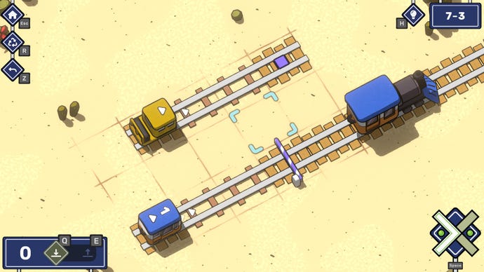 A desert puzzle in Railbound featuring one carriage and an extra freight car.