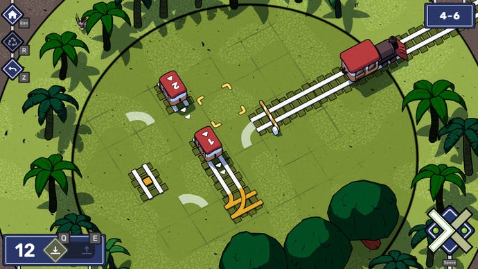 A jungle puzzle featuring two trains and some visible hints in Railbound