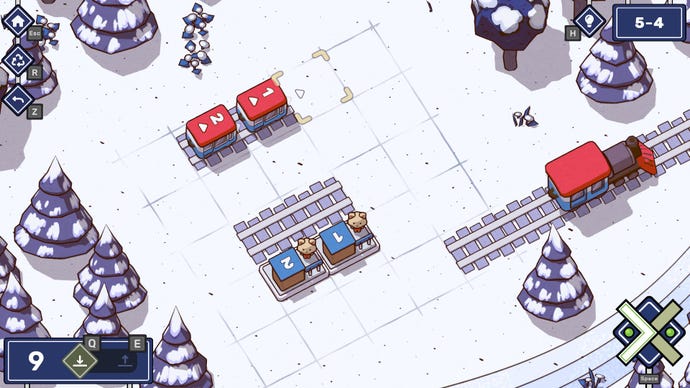A snowy puzzle in Railbound featuring two carriages and two platforms.