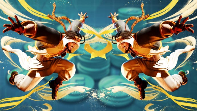 Street Fighter 6's Rashid in a mirror image over a background of blurred Fighter Coin currency.