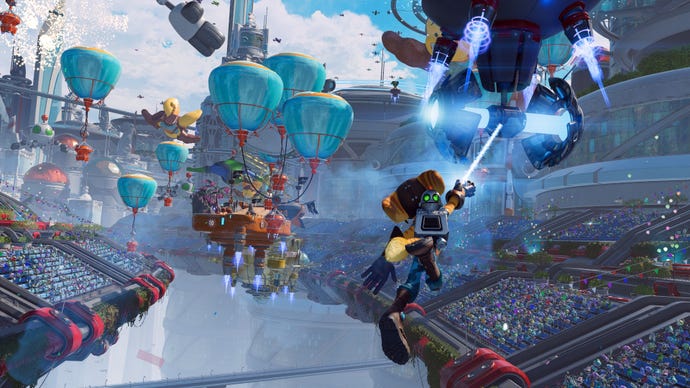Ratchet grapple-hooks onto a flying platform during a parade in his honour, during the prologue of Ratchet & Clank: Rift Apart.