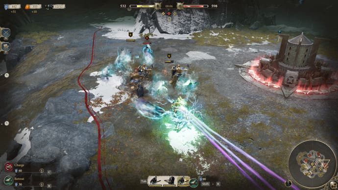 اسکرین شات Realms of Ruin که نشان می دهد Stormcast Eternals در حال نبرد با نیروهای Death هستند.  انسان‌های کلاسیک با زره‌های سنگین با مجموعه‌ای از دشمنان شبح‌وار در اطراف مبارزه می‌کنند.