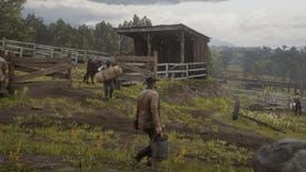 Arthur Morgan carries a bucket of water through a ranch in Red Dead Redemption 2