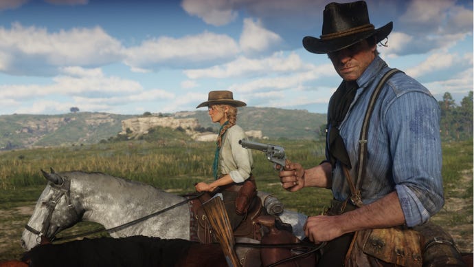 Red Dead Redemption 2 image showing Arthur Morgan riding a horse with an ally while staring towards the camera. He is holding a revolver.