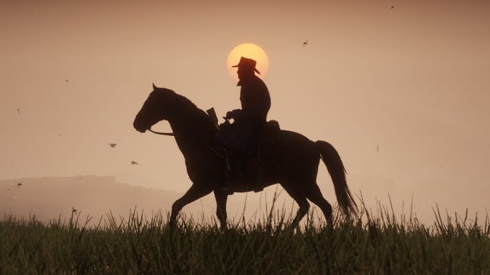 Red Dead Redemption 2 image showing a silhouette of Arthur Morgan riding across a field at sunset.