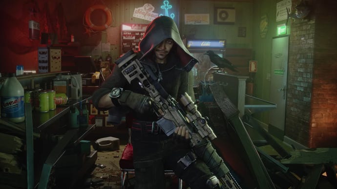Redfall image showing Jacob wearing a cloak, sat on a chair wielding his sniper.