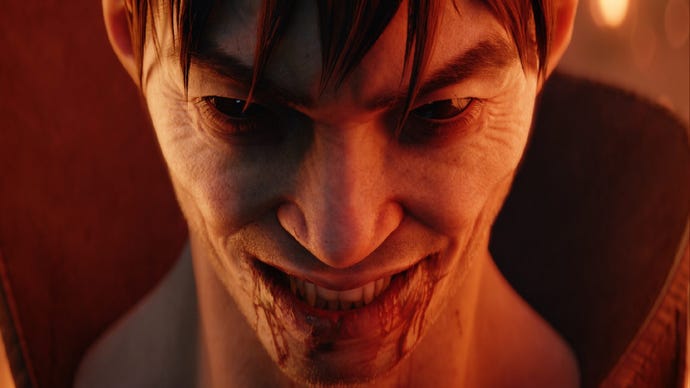 A screenshot from Redfall showing a creepy vampire smiling with blood running down from their mouth