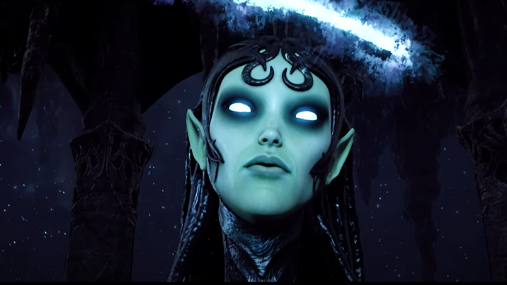 A screenshot from Remnant 2 showing a big creepy glowing creature with blue skin and eyes