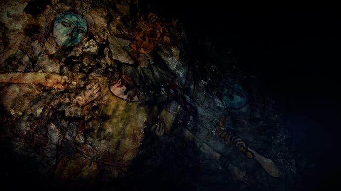 A cave painting depicting a man being beheaded from the Resident Evil 4 remake