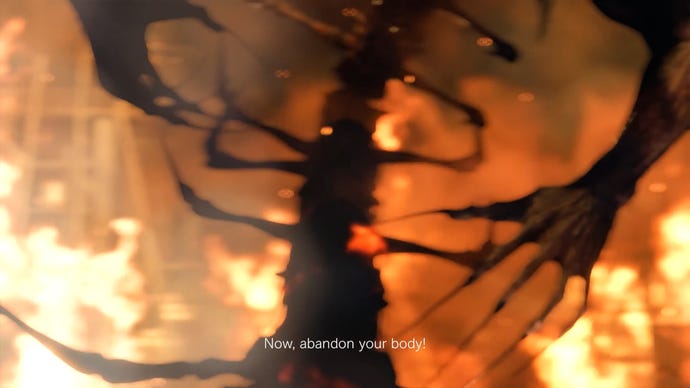 A horrible monster made of 90% spine stands in front of flames in the Resident Evil 4 remake.