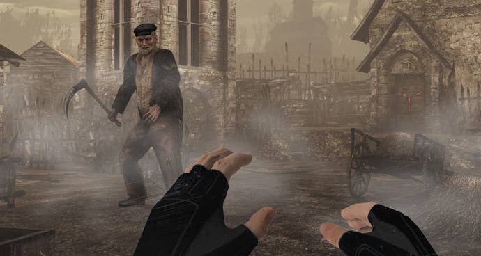 Leon Kennedy holds their hands out towards an infected villager in Resident Evil 4 VR