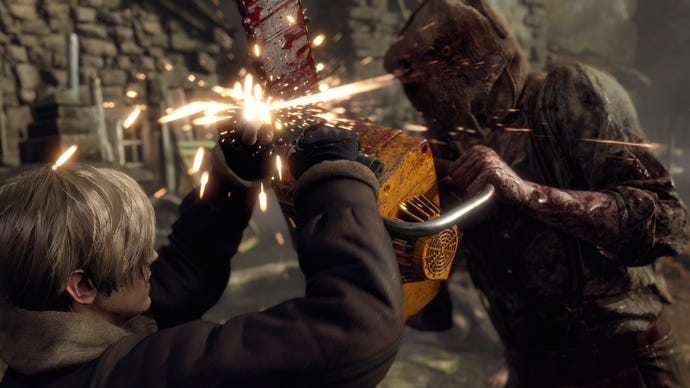 Leon pariert Dr. Salvadors Kettensägenblätter mit seinem Messer im Resident Evil 4-Remake