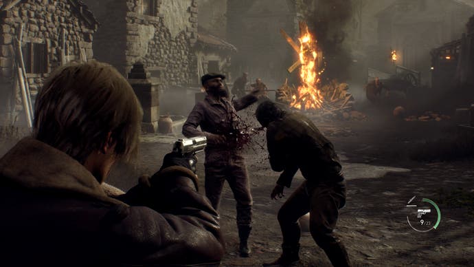 Resident Evil 4 remake review - combat with Leon shooting a pistol at enemies outside