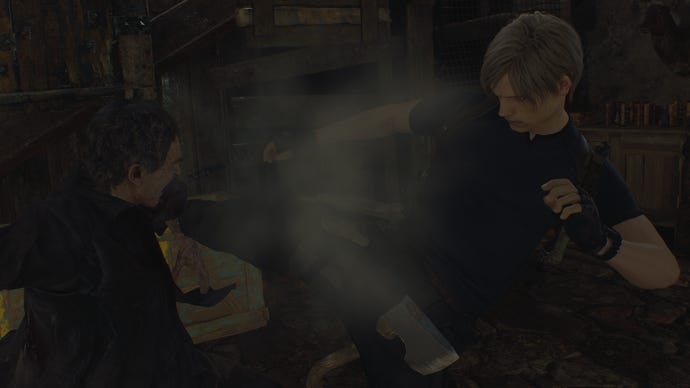 Leon delivers a kick to an attacking villager in the Resident Evil 4 remake.