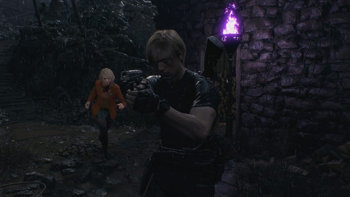 Leon takes aim with Ashley running behind him in the Resident Evil 4 remake.