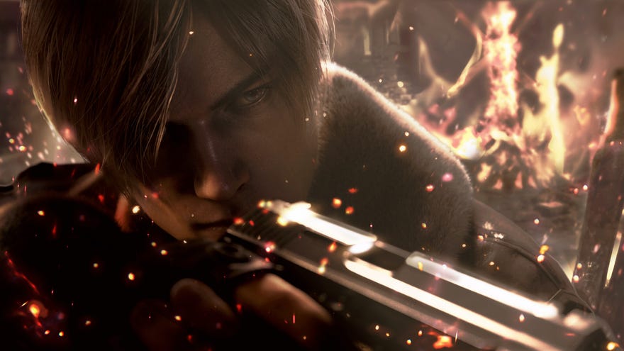 Leon Kennedy looks down the barrel of his pistol in the Resident Evil 4 Remake