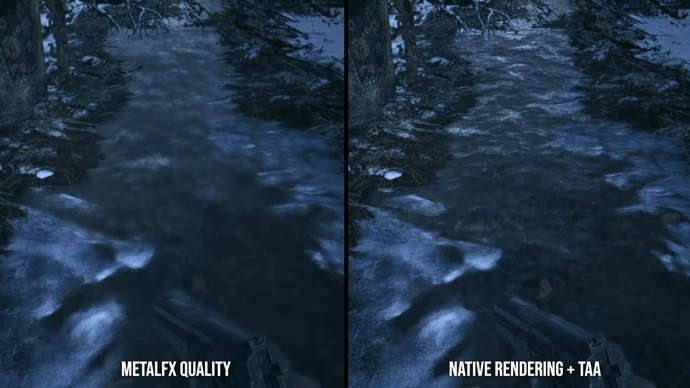 مقایسه کیفیت Native Res + TAA در مقابل MetalFX در RE Village، نشان دهنده مشکلات شفافیت در MetalFX