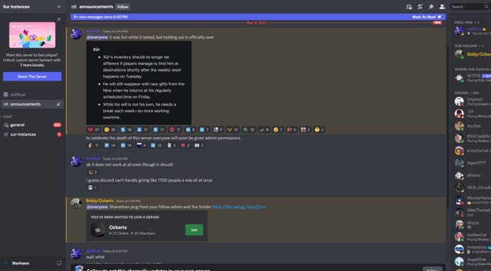 The announcement post initiating the Xur Instances Discord party.