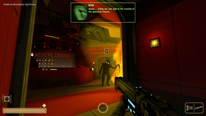 The player points a gun at a creepy bugman on a spaceship
