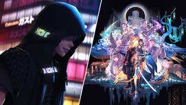 A person in a hoodie is walking through a city at night in Reynatis, key art of Reynatis showing the main cast of characters.