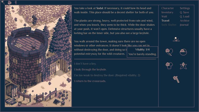 Roadwarden - on the left, beautiful sepia-coloured pixel art of a watchtower by a road; oni the right, three paragraphs of text with several options for what to do, and some inventory/character info
