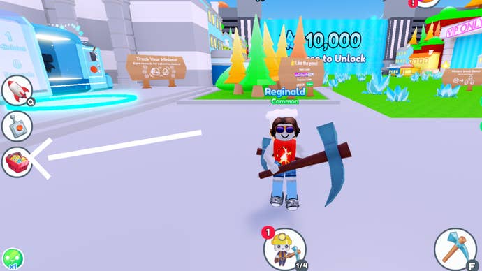Minion Simulator, a white arrow is pointing to the shop icon on the left of the screen.