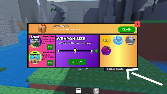 Roblox Shadovis RPG code redemption menu, a white arrow is pointing at the code redemption text box