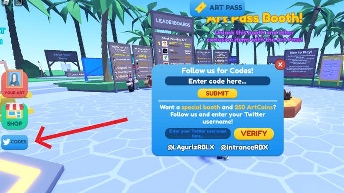 Roblox Starving Artists code redemption menu and Twitter menu