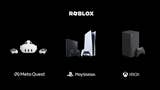 A Roblox logo alongside a Meta Quest 2, PS5 and Xbox Series X.