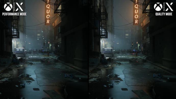 robocop: rogue city screenshot showing a comparison between performance and quality modes on Series X