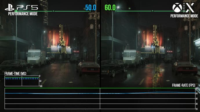 robocop: rogue city screenshot showing a ps5 vs series x comparison