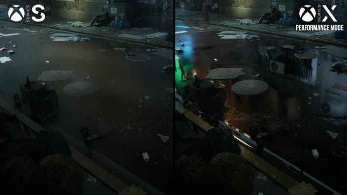 robocop: اسکرین شات شهر سرکش که انعکاس هایی را نشان می دهد که در سریال s در مقابل سری x وجود ندارد