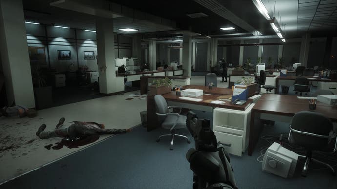 robocop: rogue city screenshot showing indirect lighting in an office
