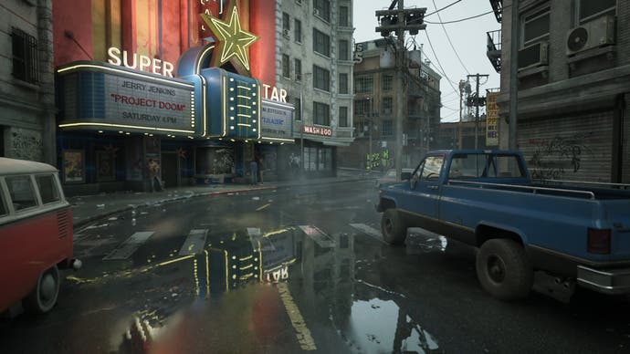 robocop: rogue city screenshot showing a reflection in a puddle