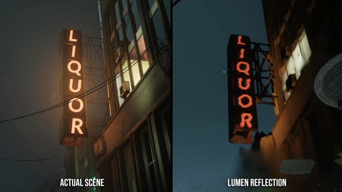 robocop: اسکرین شات شهر سرکش که مقایسه ای بین صحنه و ظاهر آن در یک بازتاب را نشان می دهد