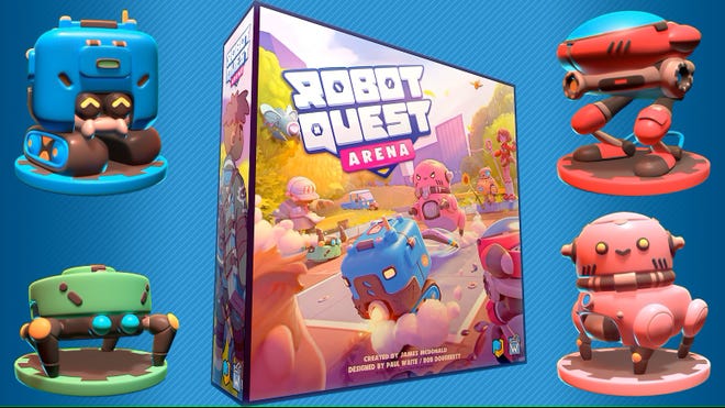 Robot Quest Arena's box cover and four base robot mini figures