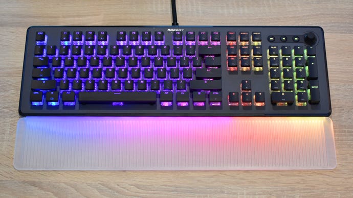 The Roccat Vulcan II Max gaming keyboard on a desk.