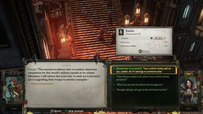 Rogue Trader screenshot showing a successful skill check during a conversation.