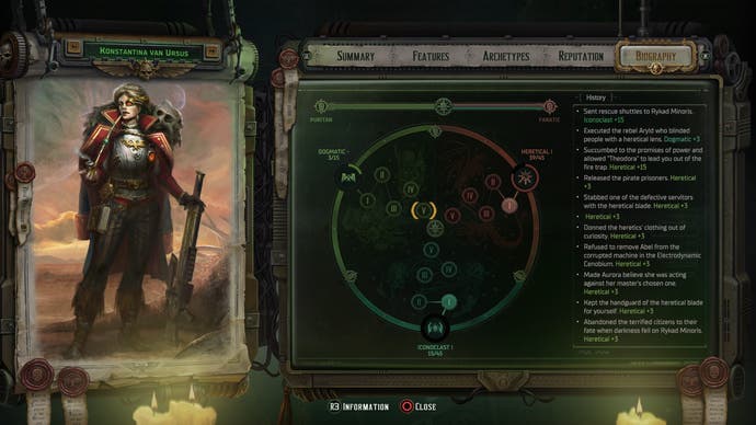 اسکرین شات Rogue Trader که صفحه بیو شامل اطلاعات هدف را نشان می دهد.
