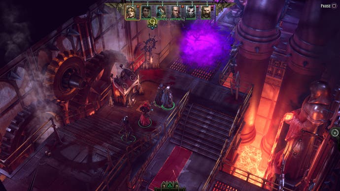 A screenshot from Rogue Trader showing the party walking through a damaged factory.