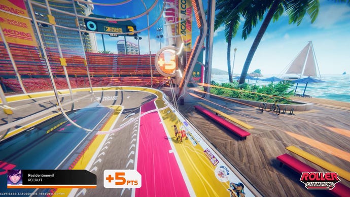 A character throws a ball towards an open goal in Roller Champions