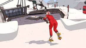 A highly stylised screenshot of Rollerdrome showing the player character rollerskating into a large outdoor arena situated between snow-covered mountains.